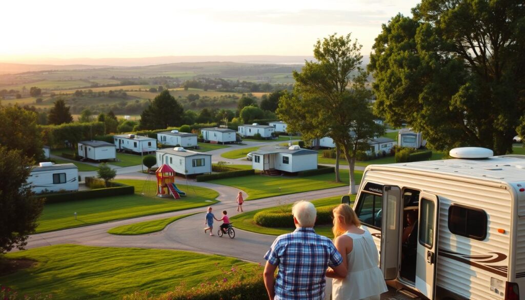 A tranquil RV community nestled amidst lush greenery, with neatly arranged mobile homes and carefully tended lawns. In the foreground, a couple enjoying a leisurely afternoon, their RV parked nearby. In the middle ground, children play on a well-maintained community playground, their laughter filling the air. The background reveals a picturesque landscape, with rolling hills and a distant horizon bathed in the warm glow of the setting sun. The scene conveys a sense of peaceful coexistence, challenging common misconceptions about the realities of RV life - a harmonious blend of community, comfort, and natural beauty.