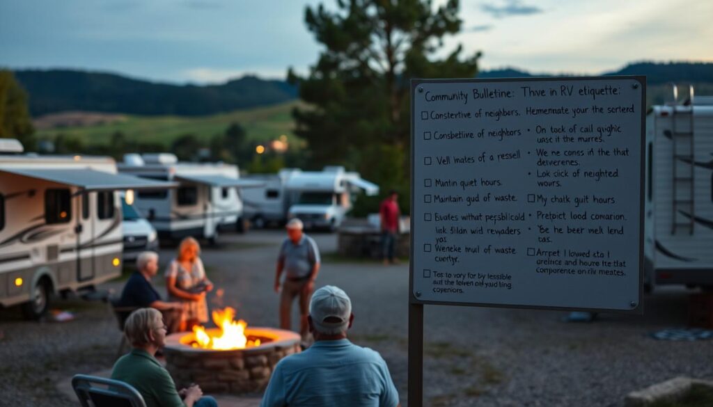 A tranquil RV park at dusk, with neatly parked campers and warm outdoor lighting. In the foreground, a group of RV owners engaged in friendly conversation, their faces lit by the glow of a nearby fire pit. In the middle ground, a community bulletin board showcases handwritten notes on RV etiquette - reminders to be considerate of neighbors, maintain quiet hours, and properly dispose of waste. The background features a backdrop of rolling hills and lush greenery, creating a serene and inviting atmosphere. The scene conveys a sense of camaraderie and shared appreciation for the RV lifestyle.