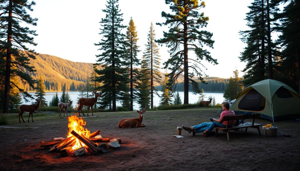 A tranquil campsite nestled in a lush national park, with towering pine trees and a serene lake in the background. In the foreground, a family gathers around a crackling campfire, adhering to the park's regulations - properly extinguishing the fire, keeping food stored securely, and maintaining a clean and tidy campsite. The warm glow of the fire illuminates the scene, casting a cozy and inviting atmosphere. The wildlife, such as deer and birds, observe the campers respectfully from a distance, undisturbed by the responsible practices on display. A wide-angle lens captures the harmonious integration of human and nature, conveying the importance of camping etiquette in preserving the beauty and serenity of national parks. A tranquil campsite nestled in a lush national park, with towering pine trees and a serene lake in the background. In the foreground, a family gathers around a crackling campfire, adhering to the park's regulations - properly extinguishing the fire, keeping food stored securely, and maintaining a clean and tidy campsite. The warm glow of the fire illuminates the scene, casting a cozy and inviting atmosphere. The wildlife, such as deer and birds, observe the campers respectfully from a distance, undisturbed by the responsible practices on display. A wide-angle lens captures the harmonious integration of human and nature, conveying the importance of camping etiquette in preserving the beauty and serenity of national parks.