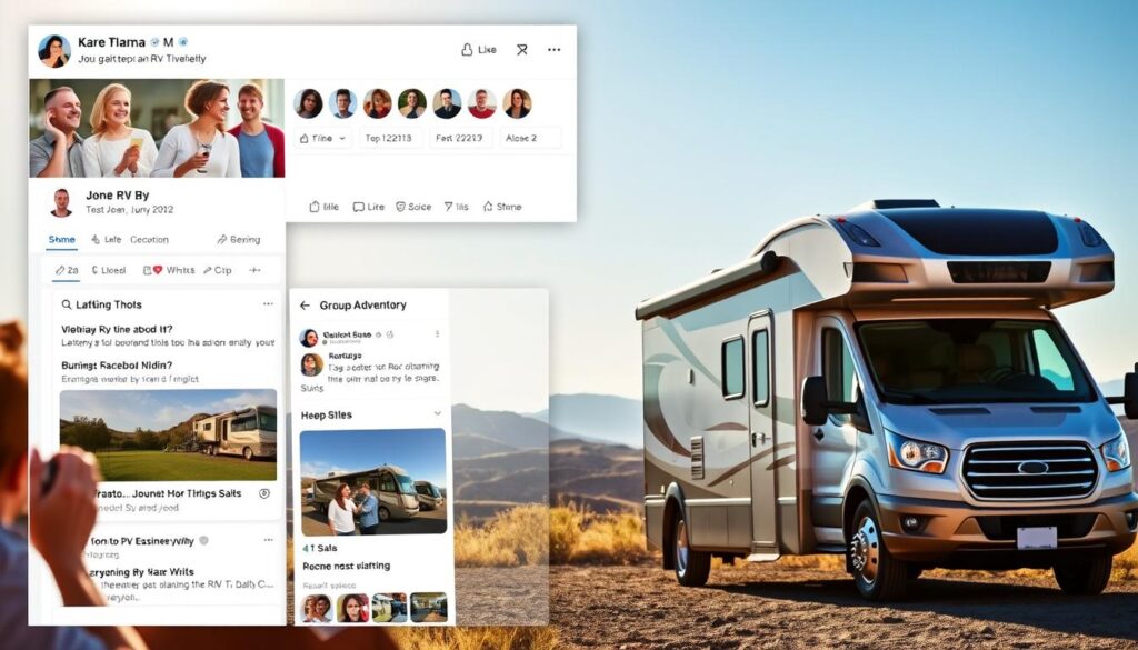 A vibrant Facebook group feed showcasing the excitement of RV travel planning. In the foreground, lively discussions unfold among a diverse community of adventurous RV enthusiasts, their profile pictures and usernames visible. The middle ground features a scrolling feed of shared travel itineraries, destination photos, and planning tips, all bathed in a warm, inviting glow. In the background, a sleek RV is parked against a scenic landscape of rolling hills and a clear blue sky, hinting at the immersive experiences to come. The overall scene conveys a sense of camaraderie, inspiration, and the joy of embarking on RV journeys. A vibrant Facebook group feed showcasing the excitement of RV travel planning. In the foreground, lively discussions unfold among a diverse community of adventurous RV enthusiasts, their profile pictures and usernames visible. The middle ground features a scrolling feed of shared travel itineraries, destination photos, and planning tips, all bathed in a warm, inviting glow. In the background, a sleek RV is parked against a scenic landscape of rolling hills and a clear blue sky, hinting at the immersive experiences to come. The overall scene conveys a sense of camaraderie, inspiration, and the joy of embarking on RV journeys.