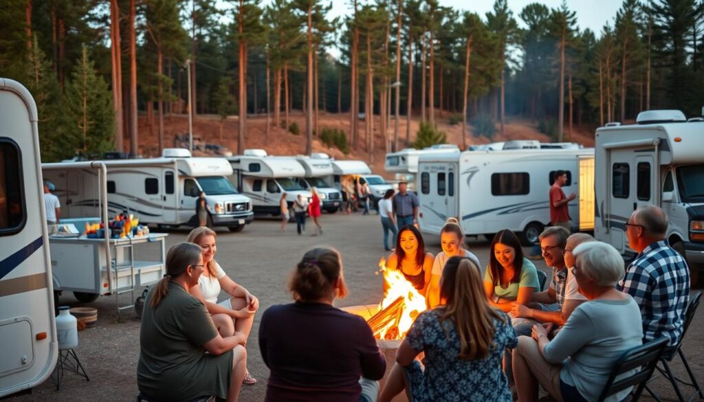 A vibrant RV campground with a close-knit community gathering around a crackling campfire. In the foreground, a group of friends laughing and sharing stories, their faces aglow in the warm firelight. In the middle ground, RVs of various sizes and styles are parked in a semicircle, their occupants mingling and enjoying each other's company. The background features a wooded landscape, with tall pine trees swaying gently in the evening breeze. The scene is bathed in a soft, golden glow, creating a cozy and inviting atmosphere that captures the essence of RV community fellowship and camping connections. A vibrant RV campground with a close-knit community gathering around a crackling campfire. In the foreground, a group of friends laughing and sharing stories, their faces aglow in the warm firelight. In the middle ground, RVs of various sizes and styles are parked in a semicircle, their occupants mingling and enjoying each other's company. The background features a wooded landscape, with tall pine trees swaying gently in the evening breeze. The scene is bathed in a soft, golden glow, creating a cozy and inviting atmosphere that captures the essence of RV community fellowship and camping connections.