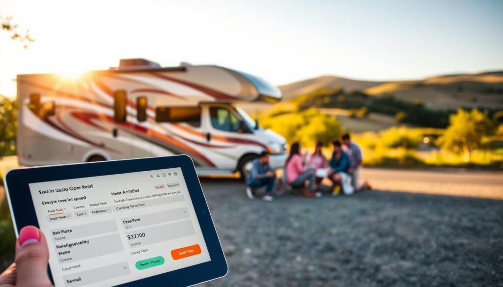 A vibrant RV parked in a scenic camping ground, golden sunlight casting a warm glow on its sleek exterior. In the foreground, a tablet displays rental availability and booking details, inviting potential guests to experience the freedom of the open road. The middle ground features a family excitedly planning their upcoming RV adventure, discussing amenities and itinerary. In the background, rolling hills and lush vegetation create a picturesque backdrop, suggesting the endless possibilities for exploration and adventure. The overall scene conveys the lucrative potential of renting out an RV, with a focus on the convenience, comfort, and allure of this unique travel experience. A vibrant RV parked in a scenic camping ground, golden sunlight casting a warm glow on its sleek exterior. In the foreground, a tablet displays rental availability and booking details, inviting potential guests to experience the freedom of the open road. The middle ground features a family excitedly planning their upcoming RV adventure, discussing amenities and itinerary. In the background, rolling hills and lush vegetation create a picturesque backdrop, suggesting the endless possibilities for exploration and adventure. The overall scene conveys the lucrative potential of renting out an RV, with a focus on the convenience, comfort, and allure of this unique travel experience.