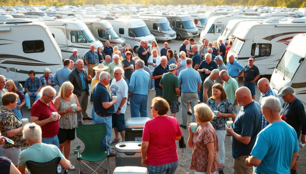 A vibrant RV rally gathering unfolds, with attendees mingling and socializing in a warm, inviting atmosphere. In the foreground, groups of RV enthusiasts engage in lively conversations, exchanging stories and sharing tips over steaming cups of coffee. The middle ground features a mix of folding chairs, coolers, and portable grills, suggesting a relaxed, communal setting. In the background, rows of gleaming RVs of various makes and models create a sense of camaraderie, with their owners eagerly swapping experiences and recommendations. The scene is bathed in soft, natural lighting, creating a cozy and welcoming ambiance that perfectly captures the spirit of an RV rally social gathering.