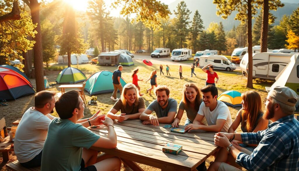 A vibrant campground scene, illuminated by warm sunlight filtering through the trees. In the foreground, a group of friends gathered around a picnic table, engaged in a lively game of cards or board games, their faces alight with laughter and camaraderie. In the middle ground, a few people toss a Frisbee or kick a soccer ball, their movements captured in dynamic poses. In the background, tents and RVs dot the landscape, suggesting a bustling community of outdoor enthusiasts. The overall atmosphere is one of joy, connection, and a sense of adventure on the open road. A vibrant campground scene, illuminated by warm sunlight filtering through the trees. In the foreground, a group of friends gathered around a picnic table, engaged in a lively game of cards or board games, their faces alight with laughter and camaraderie. In the middle ground, a few people toss a Frisbee or kick a soccer ball, their movements captured in dynamic poses. In the background, tents and RVs dot the landscape, suggesting a bustling community of outdoor enthusiasts. The overall atmosphere is one of joy, connection, and a sense of adventure on the open road.
