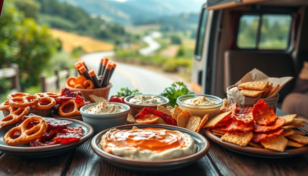 A vibrant spread of savory road trip snacks for RV adventurers on a rustic wooden table, with a focus on texture and bold flavors. In the foreground, an assortment of crunchy pretzels, spicy jerky, and flavorful crackers. In the middle ground, a selection of creamy dips and spreads, such as hummus and cheese. In the background, a backdrop of lush greenery and a winding road, evoking the spirit of the open road. Warm, natural lighting casts a cozy glow, and the composition is framed with a vintage, retro-inspired aesthetic. The overall mood is one of adventure, indulgence, and the simple pleasures of a well-stocked RV pantry. A vibrant spread of savory road trip snacks for RV adventurers on a rustic wooden table, with a focus on texture and bold flavors. In the foreground, an assortment of crunchy pretzels, spicy jerky, and flavorful crackers. In the middle ground, a selection of creamy dips and spreads, such as hummus and cheese. In the background, a backdrop of lush greenery and a winding road, evoking the spirit of the open road. Warm, natural lighting casts a cozy glow, and the composition is framed with a vintage, retro-inspired aesthetic. The overall mood is one of adventure, indulgence, and the simple pleasures of a well-stocked RV pantry.