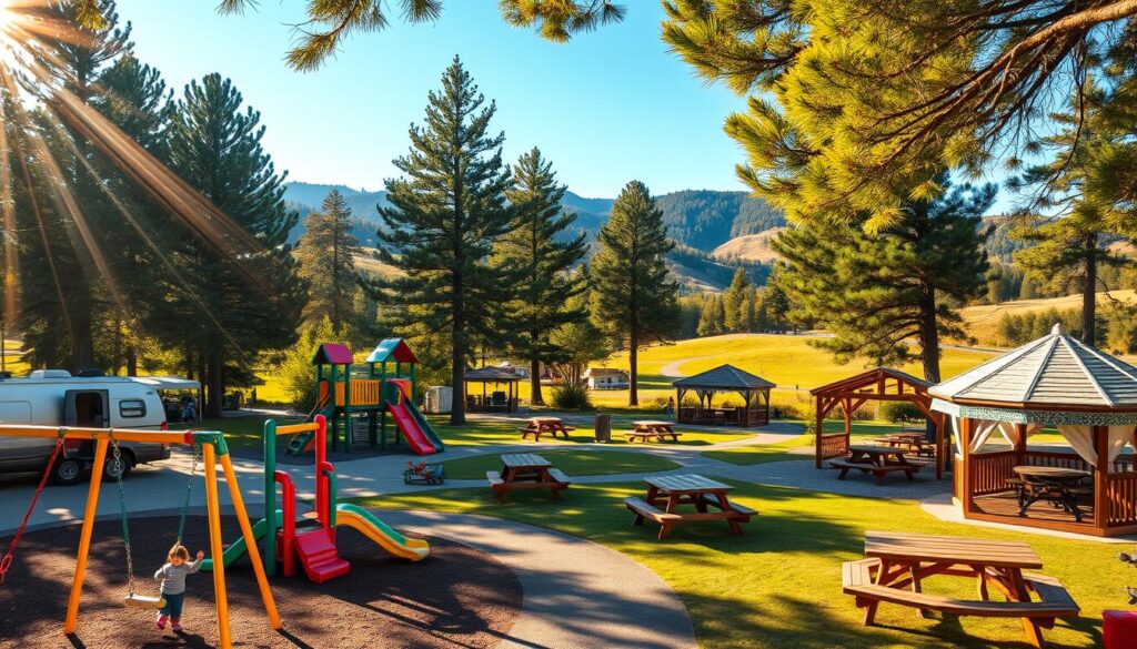 A vibrant, sun-drenched family campground with a bustling playground. In the foreground, a colorful swing set, slides, and climbing structures invite children to play. In the middle ground, picnic tables, grassy areas, and a gazebo provide cozy amenities for families to gather. In the background, towering pine trees and rolling hills create a serene, natural backdrop. The scene is illuminated by warm, golden sunlight filtering through the leaves, casting a welcoming glow over the entire scene. The overall atmosphere is one of joy, relaxation, and quality time spent outdoors with loved ones. A vibrant, sun-drenched family campground with a bustling playground. In the foreground, a colorful swing set, slides, and climbing structures invite children to play. In the middle ground, picnic tables, grassy areas, and a gazebo provide cozy amenities for families to gather. In the background, towering pine trees and rolling hills create a serene, natural backdrop. The scene is illuminated by warm, golden sunlight filtering through the leaves, casting a welcoming glow over the entire scene. The overall atmosphere is one of joy, relaxation, and quality time spent outdoors with loved ones.