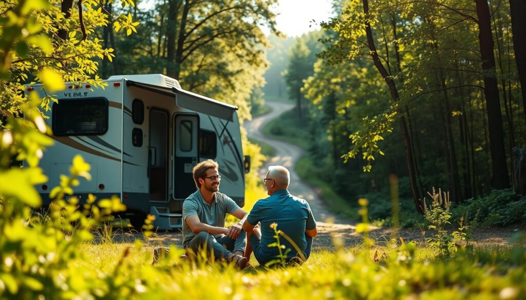 A warm, sun-dappled RV campsite nestled in a lush, verdant forest. In the foreground, two RVers sit together, engaged in animated conversation, their expressions conveying a sense of understanding and connection. The middle ground features their well-equipped RV, its sleek design and gleaming exterior suggesting the comforts of home on the open road. In the background, a winding trail leads deeper into the serene woodland, hinting at the endless opportunities for exploration and discovery that await. The scene is bathed in a soft, golden light, creating a welcoming and tranquil atmosphere that reflects the importance of communication and camaraderie for first-time RVers. A warm, sun-dappled RV campsite nestled in a lush, verdant forest. In the foreground, two RVers sit together, engaged in animated conversation, their expressions conveying a sense of understanding and connection. The middle ground features their well-equipped RV, its sleek design and gleaming exterior suggesting the comforts of home on the open road. In the background, a winding trail leads deeper into the serene woodland, hinting at the endless opportunities for exploration and discovery that await. The scene is bathed in a soft, golden light, creating a welcoming and tranquil atmosphere that reflects the importance of communication and camaraderie for first-time RVers.