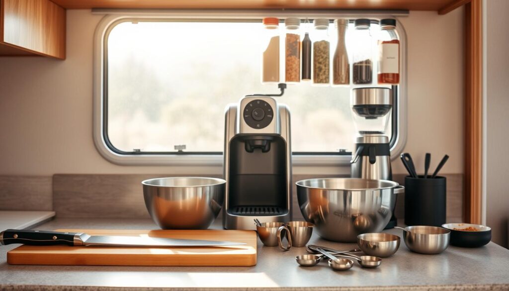 A well-appointed RV kitchen counter, bathed in warm, natural light filtering through a large window. In the foreground, a collection of essential cooking tools arranged neatly: a sharp chef's knife, a sturdy cutting board, a stainless steel mixing bowl, and a set of measuring cups and spoons. In the middle ground, a compact espresso machine and a sleek, modern coffee grinder stand ready to brew a perfect cup. Hanging from the cabinets above, a row of essential spices, herbs, and condiments in glass jars, their labels clearly visible. The overall atmosphere is one of organized functionality, inviting the RV chef to prepare delicious meals with ease and efficiency.