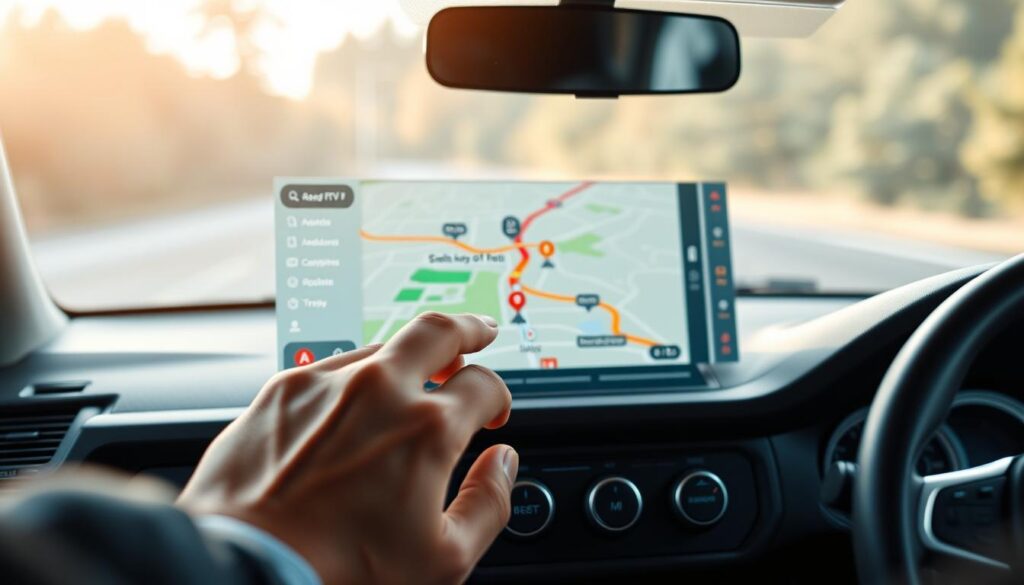 A well-designed RV navigation app dashboard with intuitive controls, a clear route map, and helpful icons. The interface is illuminated by soft, natural lighting, creating a calming, focused atmosphere. In the foreground, a hand gently interacts with the touchscreen, navigating the app's features. The middle ground showcases the app's 3D map view, highlighting landmarks, campgrounds, and traffic conditions along the planned route. The background blurs slightly, emphasizing the app's utility and the driver's concentration on the journey ahead. A well-designed RV navigation app dashboard with intuitive controls, a clear route map, and helpful icons. The interface is illuminated by soft, natural lighting, creating a calming, focused atmosphere. In the foreground, a hand gently interacts with the touchscreen, navigating the app's features. The middle ground showcases the app's 3D map view, highlighting landmarks, campgrounds, and traffic conditions along the planned route. The background blurs slightly, emphasizing the app's utility and the driver's concentration on the journey ahead.