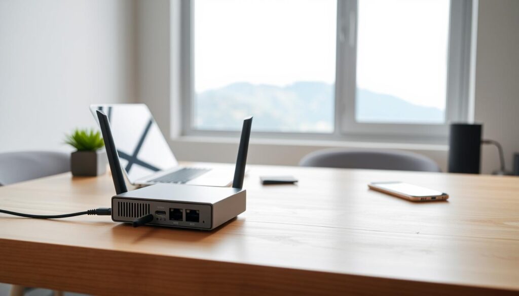 A well-designed travel router sits prominently on a minimalist wooden desk, its sleek silhouette and subtle LED indicators suggesting a dedicated connectivity device. In the foreground, various ports and cables are neatly arranged, hinting at the router's versatility. The middle ground features a laptop and smartphone, representing the remote worker's tools, while the background showcases a serene natural landscape through a large window, evoking a sense of freedom and adventure. Soft, diffused lighting bathes the scene, creating a calming atmosphere that underscores the reliable, unobtrusive nature of the travel router.
