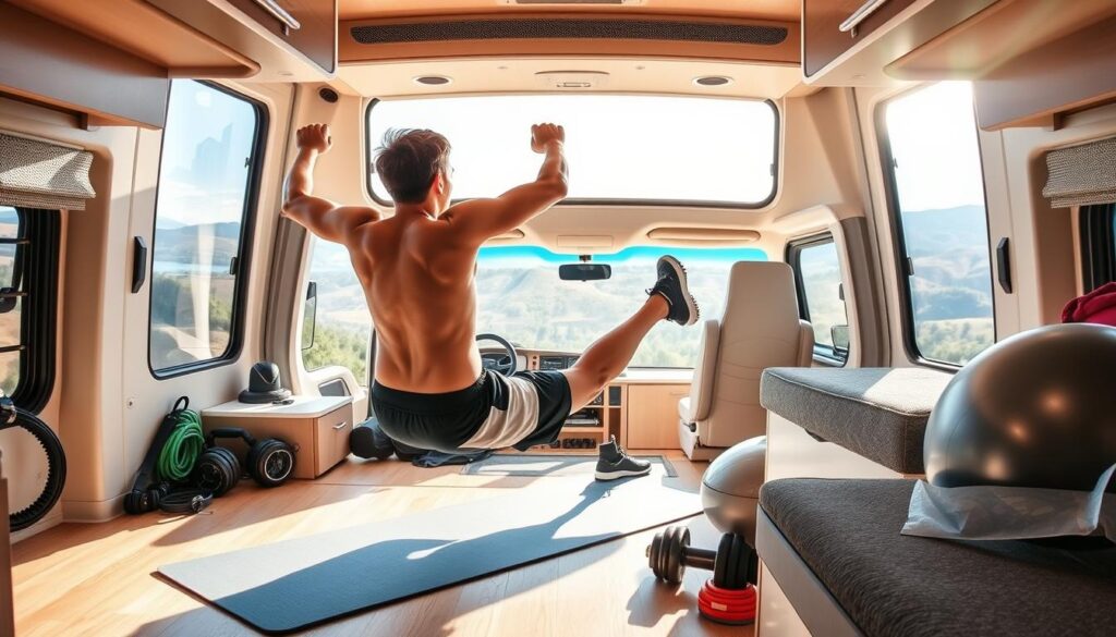 A well-lit RV interior with natural lighting filtering through the windows. In the foreground, a person performing bodyweight exercises like push-ups, squats, and lunges on a yoga mat. The middle ground shows various fitness equipment like resistance bands, dumbbells, and a stability ball. The background depicts the serene outdoor scenery visible through the RV windows, with rolling hills, trees, and a clear blue sky. The overall mood is energetic and focused, conveying the idea of a comprehensive RV workout routine that can be done with minimal equipment in the limited space of an RV. A well-lit RV interior with natural lighting filtering through the windows. In the foreground, a person performing bodyweight exercises like push-ups, squats, and lunges on a yoga mat. The middle ground shows various fitness equipment like resistance bands, dumbbells, and a stability ball. The background depicts the serene outdoor scenery visible through the RV windows, with rolling hills, trees, and a clear blue sky. The overall mood is energetic and focused, conveying the idea of a comprehensive RV workout routine that can be done with minimal equipment in the limited space of an RV.