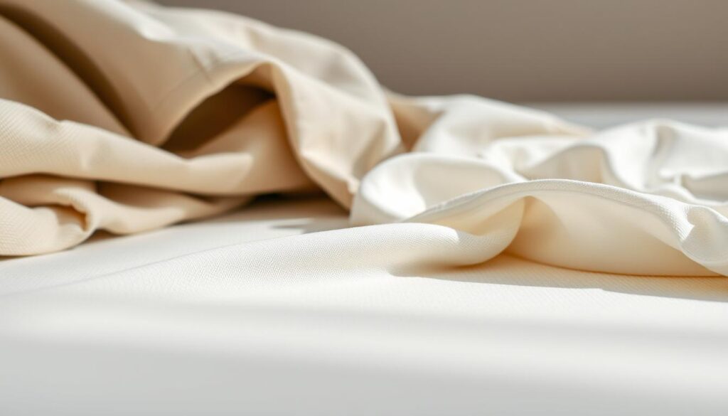 A well-lit close-up shot of breathable travel mattress fabrics, showcasing a variety of textures and weaves. In the foreground, a selection of lightweight, moisture-wicking materials like bamboo, linen, and microfiber, arranged in an inviting composition. The middle ground features a softly blurred view of the fabric's drape and flow, emphasizing its comfort and flexibility. The background subtly gradients to a neutral tone, allowing the fabrics to take center stage. The overall mood is serene and sophisticated, evoking the ideal sleep experience for the discerning traveler. A well-lit close-up shot of breathable travel mattress fabrics, showcasing a variety of textures and weaves. In the foreground, a selection of lightweight, moisture-wicking materials like bamboo, linen, and microfiber, arranged in an inviting composition. The middle ground features a softly blurred view of the fabric's drape and flow, emphasizing its comfort and flexibility. The background subtly gradients to a neutral tone, allowing the fabrics to take center stage. The overall mood is serene and sophisticated, evoking the ideal sleep experience for the discerning traveler.