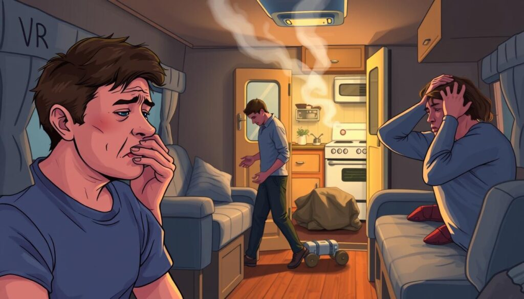 A well-lit, detailed illustration depicting the key symptoms of carbon monoxide poisoning. In the foreground, a person experiences dizziness, nausea, and confusion, their face flushed and expression pained. In the middle ground, a person collapses, unconscious, while a third person staggers, grasping their head. The background shows a cozy RV interior, with a malfunctioning appliance emitting the invisible, odorless gas. The scene is rendered in a realistic, medical-illustration style, with a somber, cautionary tone to heighten awareness of this deadly threat. A well-lit, detailed illustration depicting the key symptoms of carbon monoxide poisoning. In the foreground, a person experiences dizziness, nausea, and confusion, their face flushed and expression pained. In the middle ground, a person collapses, unconscious, while a third person staggers, grasping their head. The background shows a cozy RV interior, with a malfunctioning appliance emitting the invisible, odorless gas. The scene is rendered in a realistic, medical-illustration style, with a somber, cautionary tone to heighten awareness of this deadly threat.