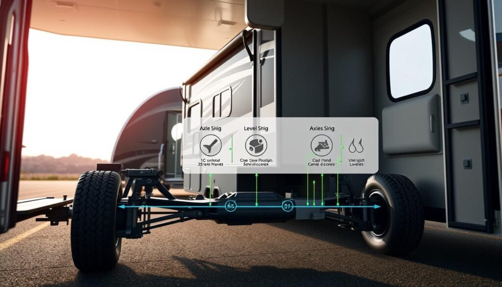 A well-lit, detailed illustration of an RV's interior showcasing its leveling and weight distribution system. In the foreground, a cutaway view of the RV chassis and suspension, highlighting the components responsible for maintaining stability and balance. In the middle ground, a clear visualization of how weight is distributed across the various axles and wheels, with numerical values and diagrams. The background depicts the RV's exterior, captured from a low angle to emphasize the importance of proper leveling for both aesthetics and functionality. The overall mood is informative and technical, conveying the essential role of weight distribution in ensuring a safe and comfortable RV experience. A well-lit, detailed illustration of an RV's interior showcasing its leveling and weight distribution system. In the foreground, a cutaway view of the RV chassis and suspension, highlighting the components responsible for maintaining stability and balance. In the middle ground, a clear visualization of how weight is distributed across the various axles and wheels, with numerical values and diagrams. The background depicts the RV's exterior, captured from a low angle to emphasize the importance of proper leveling for both aesthetics and functionality. The overall mood is informative and technical, conveying the essential role of weight distribution in ensuring a safe and comfortable RV experience.