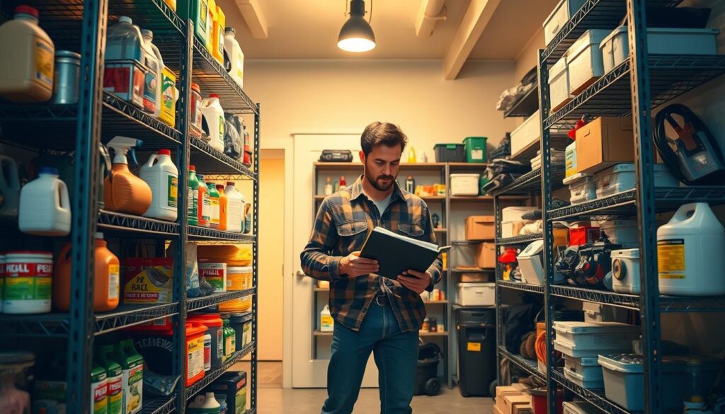 A well-lit, detailed interior scene of a home's pest control storage area. In the foreground, a large metal shelving unit displays various pest control products - spray canisters, traps, and baits, all neatly organized. In the middle ground, a homeowner in casual attire examines a pest control manual, pensively planning their next steps. The background shows the storage room's tidy layout, with ample space for pest management tools and supplies. The lighting is warm and inviting, conveying a sense of diligence and care in maintaining a healthy, pest-free home environment. A well-lit, detailed interior scene of a home's pest control storage area. In the foreground, a large metal shelving unit displays various pest control products - spray canisters, traps, and baits, all neatly organized. In the middle ground, a homeowner in casual attire examines a pest control manual, pensively planning their next steps. The background shows the storage room's tidy layout, with ample space for pest management tools and supplies. The lighting is warm and inviting, conveying a sense of diligence and care in maintaining a healthy, pest-free home environment.