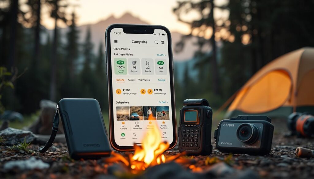 A well-lit, detailed rendering of a modern mobile app interface showcasing various camping and outdoor recreation tools. In the foreground, a smartphone screen displays a campsite booking app with a clean, intuitive layout - icons for location, availability, pricing, and user reviews. In the middle ground, other technology accessories come into view - a rugged power bank, a hiking GPS unit, and a waterproof camera. The background depicts a serene, lush forest campsite scene, with a tent, campfire, and silhouettes of mountains in the distance, all bathed in warm, natural lighting.