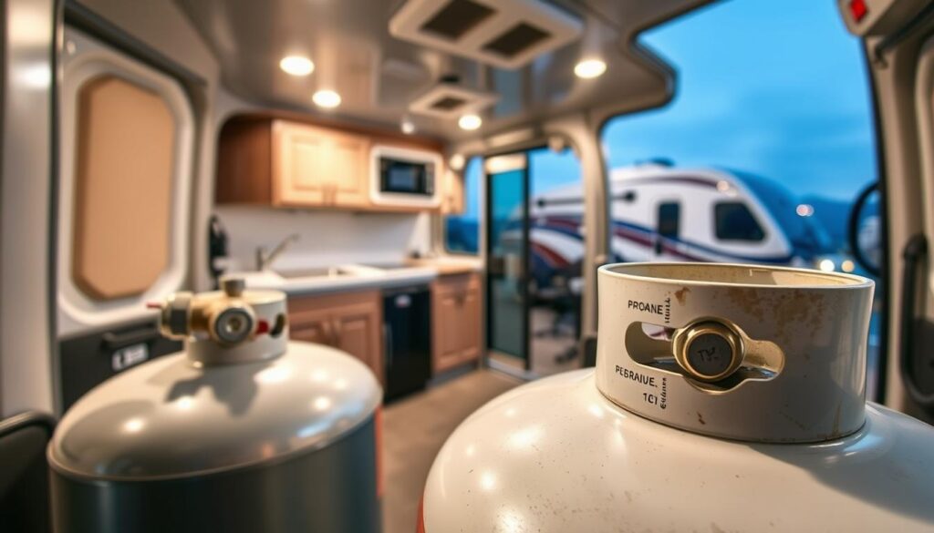 A well-lit, detailed scene of a camper van's propane system, showcasing safety precautions. In the foreground, a close-up view of the propane tank, with its safety valves and connectors clearly visible. The middle ground features the interior of the RV, with the propane lines and appliances neatly routed and secured. In the background, a panoramic view of the RV's exterior, emphasizing the proper ventilation and placement of the propane system. The overall atmosphere conveys a sense of technical precision and attention to detail, highlighting the importance of responsible propane use in recreational vehicles.