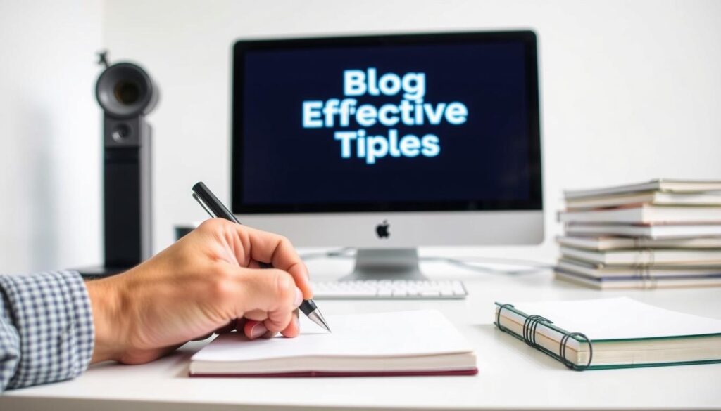 A well-lit, editorial-style workspace with a desktop computer, a pen and notebook, and a stack of books. In the foreground, a person's hand is writing on the notebook, with the words "Blog Writing Tips" visible. In the middle ground, a desktop with a monitor displaying a blog post title, the words "Effective Titles" prominently featured. The background features a minimalist, modern office setting with clean lines and a neutral color palette, creating a sense of focus and productivity. A well-lit, editorial-style workspace with a desktop computer, a pen and notebook, and a stack of books. In the foreground, a person's hand is writing on the notebook, with the words "Blog Writing Tips" visible. In the middle ground, a desktop with a monitor displaying a blog post title, the words "Effective Titles" prominently featured. The background features a minimalist, modern office setting with clean lines and a neutral color palette, creating a sense of focus and productivity.