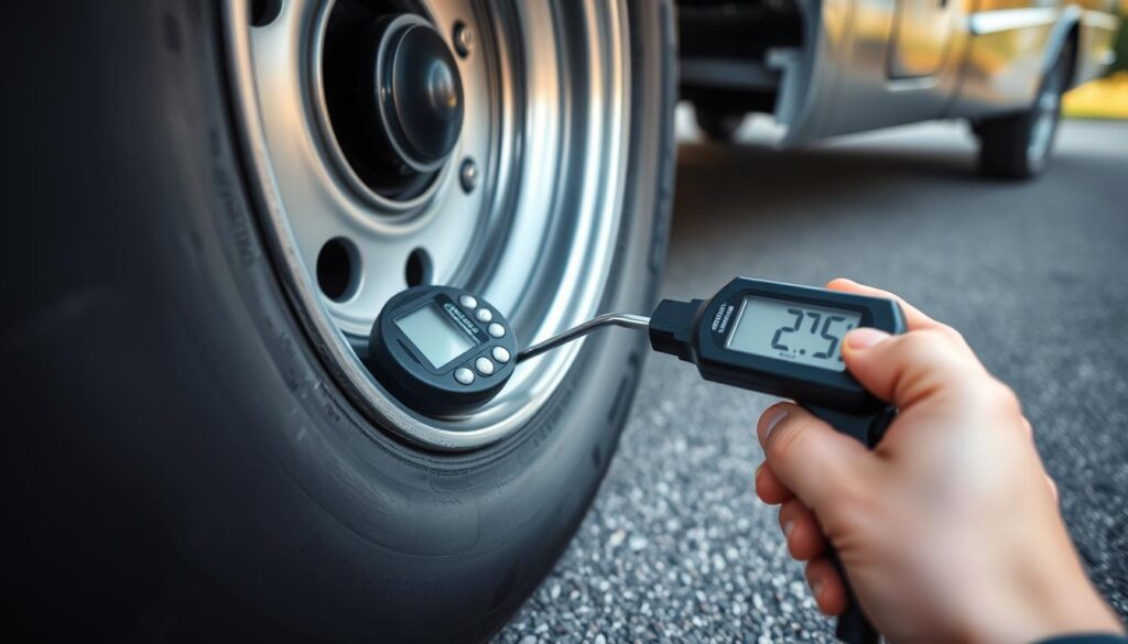 A well-lit, high-angle photograph of an RV tire on a flat, paved surface. The tire's tread and sidewall are in sharp focus, revealing its brand, size, and condition. The foreground shows a digital tire pressure gauge being applied to the tire's valve stem, its display clearly visible. In the middle ground, the RV's wheel well and suspension components are subtly in view, providing context. The background features a clean, uncluttered setting, allowing the essential tire maintenance task to be the central focus of the image. A well-lit, high-angle photograph of an RV tire on a flat, paved surface. The tire's tread and sidewall are in sharp focus, revealing its brand, size, and condition. The foreground shows a digital tire pressure gauge being applied to the tire's valve stem, its display clearly visible. In the middle ground, the RV's wheel well and suspension components are subtly in view, providing context. The background features a clean, uncluttered setting, allowing the essential tire maintenance task to be the central focus of the image.
