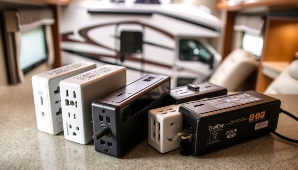 A well-lit, high-angle shot of several top-rated surge protectors for RVs arranged neatly on a neutral-colored surface. The protectors are showcased in the foreground, with a soft, diffused lighting that highlights their sleek, modern designs and various ports and indicators. The middle ground features a slightly blurred backdrop of an RV, suggesting the intended use case. The overall mood is informative and inviting, with a clean, uncluttered composition that draws the viewer's attention to the surge protectors as the focal point. A well-lit, high-angle shot of several top-rated surge protectors for RVs arranged neatly on a neutral-colored surface. The protectors are showcased in the foreground, with a soft, diffused lighting that highlights their sleek, modern designs and various ports and indicators. The middle ground features a slightly blurred backdrop of an RV, suggesting the intended use case. The overall mood is informative and inviting, with a clean, uncluttered composition that draws the viewer's attention to the surge protectors as the focal point.