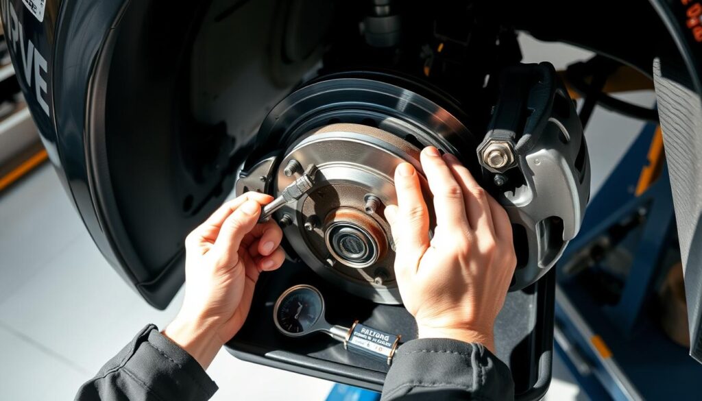 A well-lit, high-angle view of a car's brake system undergoing a thorough inspection. The mechanic's hands are visible, closely examining the brake pads, discs, and calipers. The tools used - a torque wrench, caliper gauge, and inspection mirror - are neatly arranged on a tray. The lighting is bright, casting sharp shadows that highlight the intricate components. The background is a clean, organized workshop, with shelves of parts and tools visible. The scene conveys a sense of professionalism and attention to detail, reflecting the importance of proper brake maintenance. A well-lit, high-angle view of a car's brake system undergoing a thorough inspection. The mechanic's hands are visible, closely examining the brake pads, discs, and calipers. The tools used - a torque wrench, caliper gauge, and inspection mirror - are neatly arranged on a tray. The lighting is bright, casting sharp shadows that highlight the intricate components. The background is a clean, organized workshop, with shelves of parts and tools visible. The scene conveys a sense of professionalism and attention to detail, reflecting the importance of proper brake maintenance.
