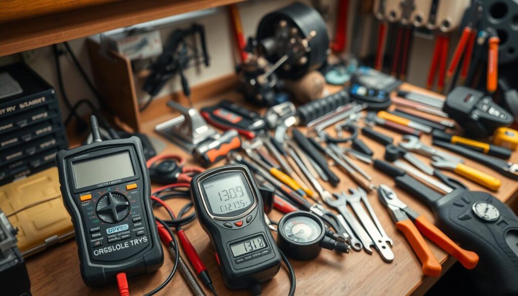 A well-lit, high-angle view of a cluttered workbench showcasing an array of diagnostic tools for RV troubleshooting. In the foreground, a multimeter, trouble code scanner, and digital tire pressure gauge stand prominently. In the middle ground, an array of wrenches, pliers, and other mechanic's tools are neatly organized. The background features a partially disassembled RV component, hinting at the repair process. The overall scene conveys a sense of problem-solving and technical expertise needed to overcome RV breakdowns. A well-lit, high-angle view of a cluttered workbench showcasing an array of diagnostic tools for RV troubleshooting. In the foreground, a multimeter, trouble code scanner, and digital tire pressure gauge stand prominently. In the middle ground, an array of wrenches, pliers, and other mechanic's tools are neatly organized. The background features a partially disassembled RV component, hinting at the repair process. The overall scene conveys a sense of problem-solving and technical expertise needed to overcome RV breakdowns.