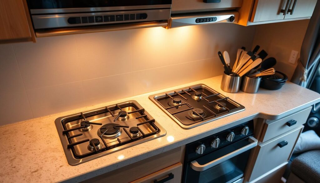 A well-lit, high-angle view of a modern RV kitchen showcasing a gas cooktop and oven. The appliances are clean, gleaming, and in perfect working order. The surrounding countertops are uncluttered, with a few cooking utensils neatly arranged. Warm, ambient lighting casts a cozy glow, highlighting the importance of proper ventilation and safety. The overall scene conveys a sense of confidence and security in the RV owner's ability to cook safely and responsibly. A well-lit, high-angle view of a modern RV kitchen showcasing a gas cooktop and oven. The appliances are clean, gleaming, and in perfect working order. The surrounding countertops are uncluttered, with a few cooking utensils neatly arranged. Warm, ambient lighting casts a cozy glow, highlighting the importance of proper ventilation and safety. The overall scene conveys a sense of confidence and security in the RV owner's ability to cook safely and responsibly.