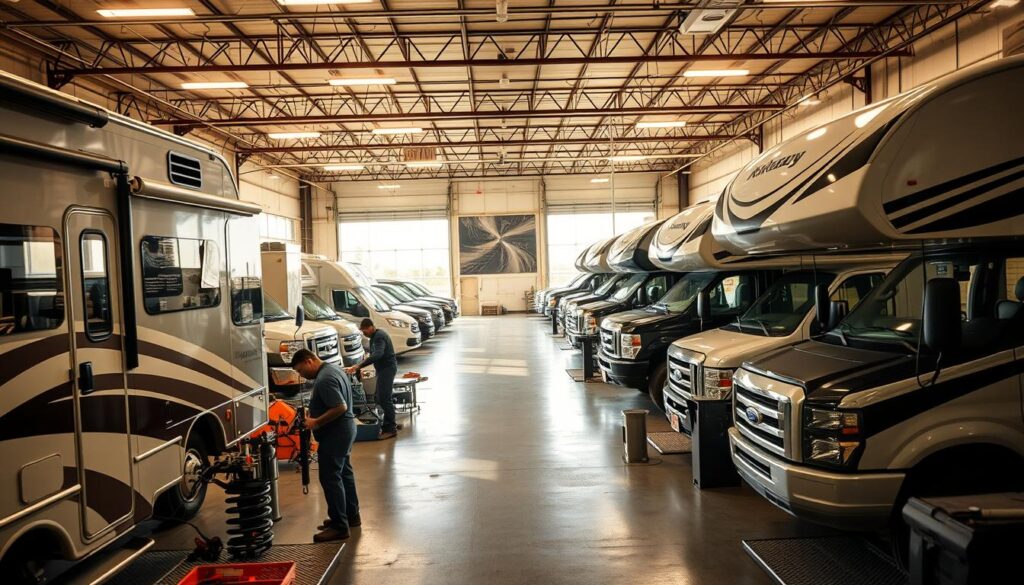 A well-lit, high-angle view of a modern RV service center, showcasing a fleet of well-maintained recreational vehicles undergoing various repair and maintenance procedures. The foreground features a team of skilled technicians diligently working on an RV's suspension system, while the middle ground displays a lineup of different RV models parked in organized bays. The background depicts a clean, organized workshop filled with specialized tools and equipment, conveying a sense of professionalism and expertise. Warm, natural lighting illuminates the scene, creating a welcoming and trustworthy atmosphere for RV owners seeking reliable service and maintenance. A well-lit, high-angle view of a modern RV service center, showcasing a fleet of well-maintained recreational vehicles undergoing various repair and maintenance procedures. The foreground features a team of skilled technicians diligently working on an RV's suspension system, while the middle ground displays a lineup of different RV models parked in organized bays. The background depicts a clean, organized workshop filled with specialized tools and equipment, conveying a sense of professionalism and expertise. Warm, natural lighting illuminates the scene, creating a welcoming and trustworthy atmosphere for RV owners seeking reliable service and maintenance.