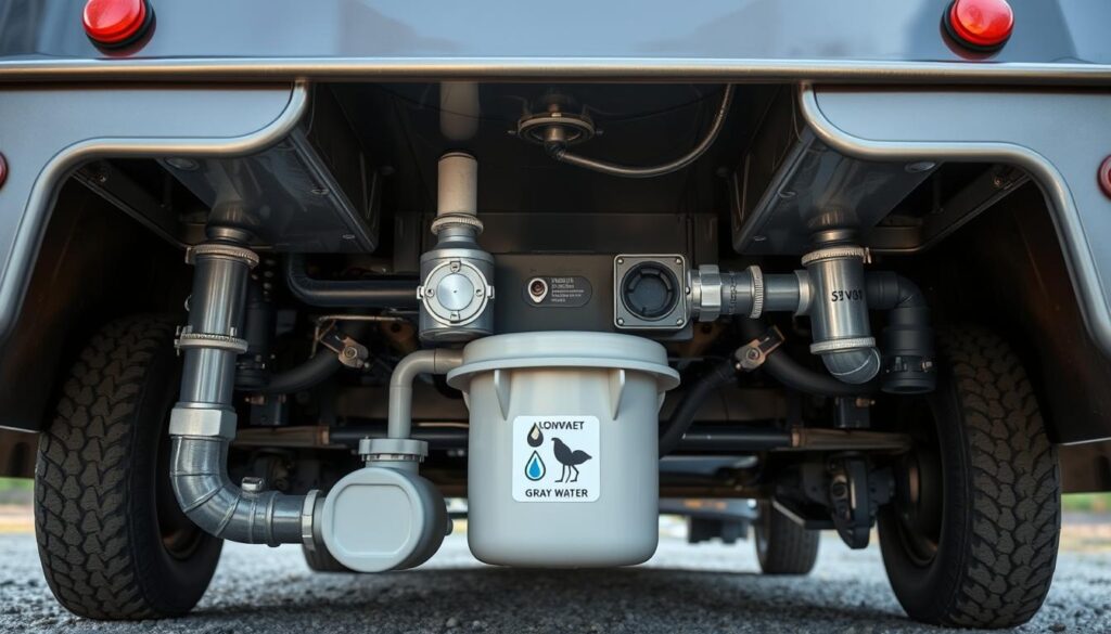 A well-lit, high-angle view of an RV's undercarriage showcasing its waste disposal system. In the foreground, the sewage tank and plumbing connections are prominently displayed, with attention to realistic textures and details. In the middle ground, the black water and gray water outlets are visible, with clear indicators of how to properly manage waste. The background features the RV's chassis and suspension components, providing context for the integrated waste management system. The scene conveys a sense of organization, functionality, and responsible RV maintenance, suitable for illustrating the importance of waste disposal planning.