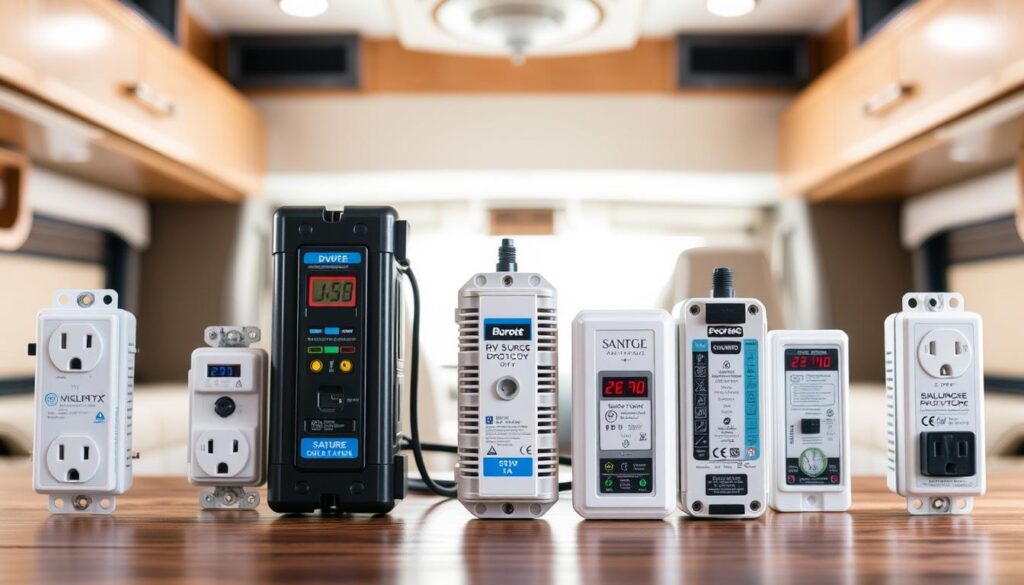A well-lit, high-quality photograph showcasing the key features of various RV surge protectors. The foreground prominently displays several surge protectors of different sizes and designs, with their most important characteristics such as LED indicators, voltage monitoring, and grounding clearly visible. The middle ground offers a clean, minimalist backdrop, allowing the surge protectors to take center stage. The background provides subtle context, perhaps a simple RV interior or campsite scene, to set the appropriate mood and setting. The lighting is crisp and evenly distributed, capturing all the technical details of the surge protectors in sharp focus, while maintaining a professional, informative atmosphere. A well-lit, high-quality photograph showcasing the key features of various RV surge protectors. The foreground prominently displays several surge protectors of different sizes and designs, with their most important characteristics such as LED indicators, voltage monitoring, and grounding clearly visible. The middle ground offers a clean, minimalist backdrop, allowing the surge protectors to take center stage. The background provides subtle context, perhaps a simple RV interior or campsite scene, to set the appropriate mood and setting. The lighting is crisp and evenly distributed, capturing all the technical details of the surge protectors in sharp focus, while maintaining a professional, informative atmosphere.