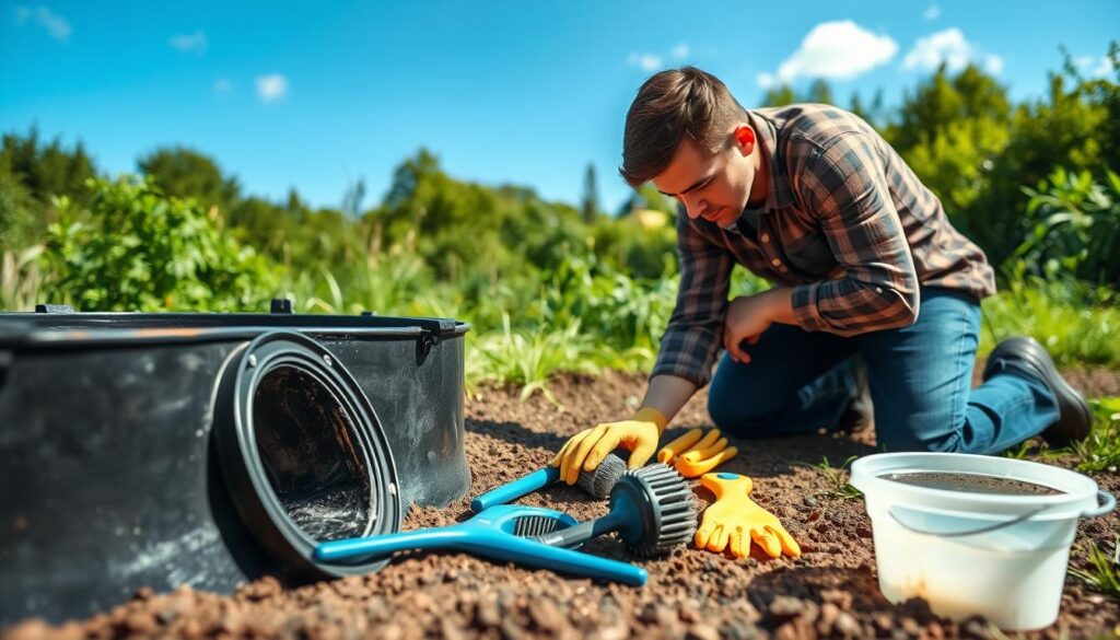 A well-lit, high-resolution image of a person performing routine maintenance on a black septic tank. The subject is kneeling in the foreground, closely examining the tank's opening with a focused expression. In the middle ground, various tools and cleaning supplies are neatly arranged on the ground, including a scrub brush, gloves, and a bucket of water. The background depicts a serene outdoor setting, with lush greenery and a clear blue sky, conveying a sense of tranquility and attention to detail. The lighting is natural and soft, creating depth and highlighting the textures of the materials. The overall mood is one of diligence and care, reflecting the importance of proper black tank maintenance.