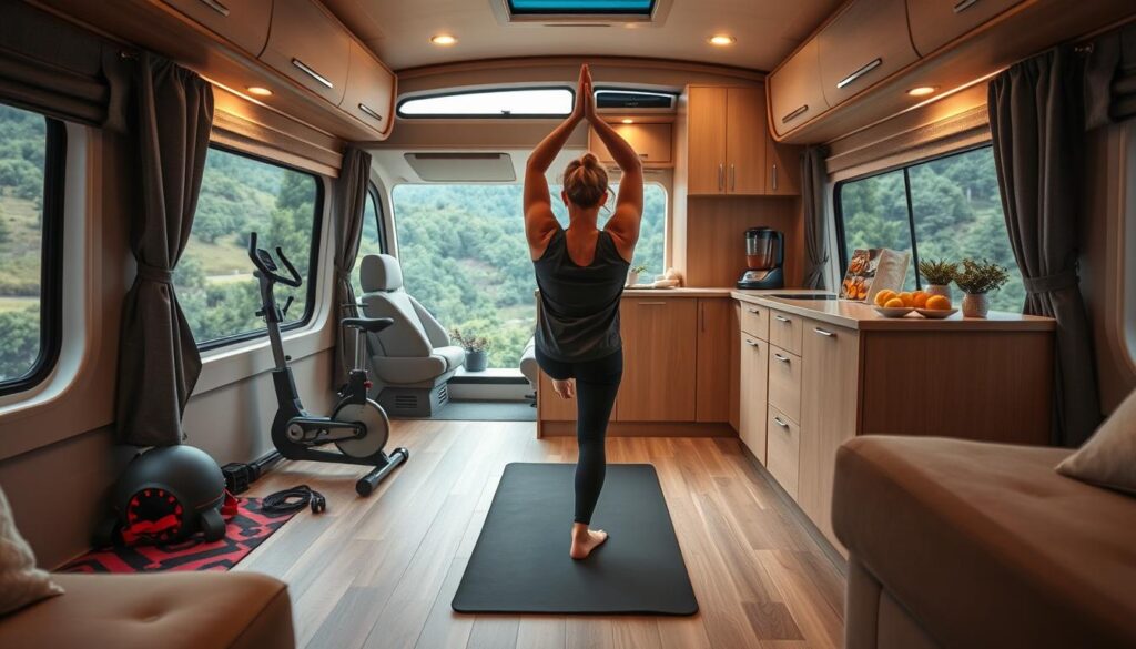 A well-lit, high-resolution interior scene of a modern RV interior, showcasing a health-conscious lifestyle. In the foreground, a person performs stretches on a yoga mat, surrounded by gym equipment like resistance bands and a small stationary bike. The middle ground features a tidy kitchenette with healthy snacks and a blender for smoothies. In the background, large windows provide scenic views of a lush, natural landscape. Warm, diffused lighting and a calming color palette create a serene, wellness-focused atmosphere. A well-lit, high-resolution interior scene of a modern RV interior, showcasing a health-conscious lifestyle. In the foreground, a person performs stretches on a yoga mat, surrounded by gym equipment like resistance bands and a small stationary bike. The middle ground features a tidy kitchenette with healthy snacks and a blender for smoothies. In the background, large windows provide scenic views of a lush, natural landscape. Warm, diffused lighting and a calming color palette create a serene, wellness-focused atmosphere.