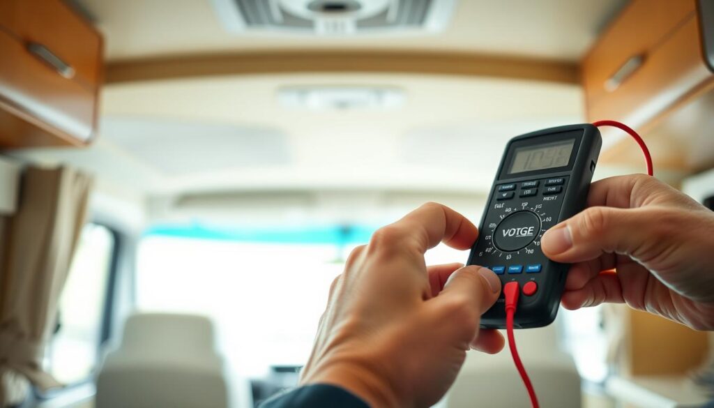 A well-lit, high-resolution photograph of a person's hands using a digital multimeter to test and troubleshoot the electrical system of a recreational vehicle (RV). The multimeter's display shows voltage readings, and the person is intently focused on the task at hand. The RV's interior is visible in the background, providing context. The lighting is bright and even, with a slight warm tone, creating a professional, technical atmosphere. The composition is balanced, with the multimeter and hands occupying the foreground, the RV's interior in the middle ground, and a clean, uncluttered background.
