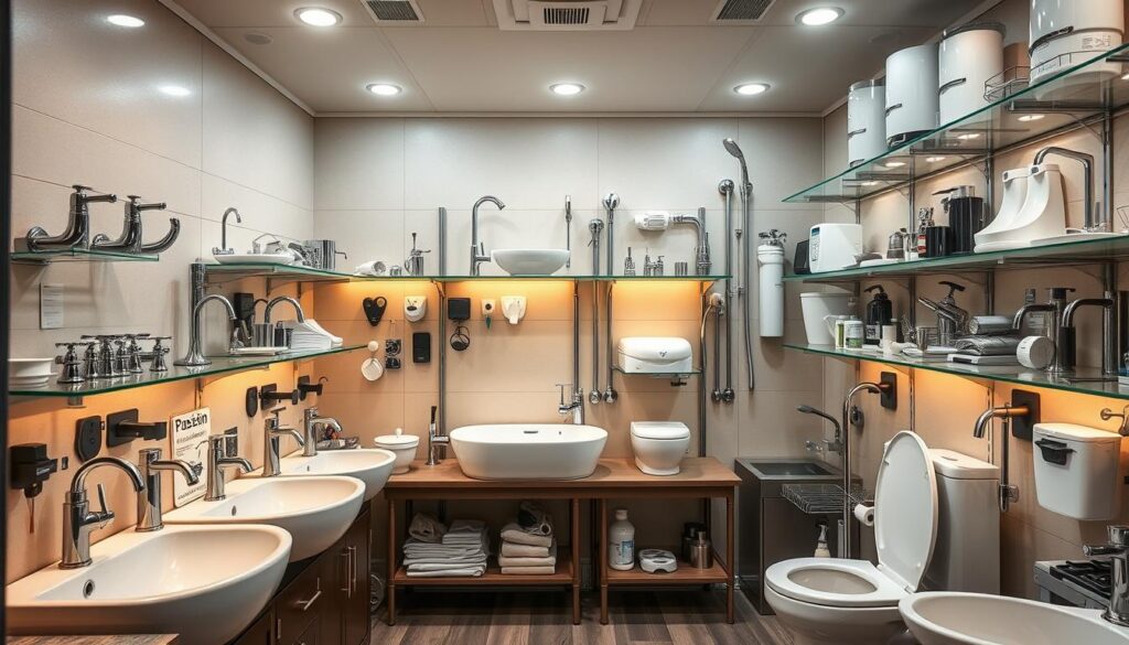 A well-lit, high-resolution photograph of an RV interior showroom, showcasing a selection of fixtures and appliances for RV plumbing. The scene features a range of sinks, faucets, showerheads, toilets, and other essential RV bathroom and kitchen components neatly arranged on display shelves. The lighting is warm and inviting, highlighting the sleek, modern designs and chrome finishes of the products. The background is a neutral, minimalist backdrop, allowing the fixtures to take center stage. The overall composition is balanced and visually appealing, providing a comprehensive guide for RV owners to select the right plumbing fixtures and appliances for their vehicles. A well-lit, high-resolution photograph of an RV interior showroom, showcasing a selection of fixtures and appliances for RV plumbing. The scene features a range of sinks, faucets, showerheads, toilets, and other essential RV bathroom and kitchen components neatly arranged on display shelves. The lighting is warm and inviting, highlighting the sleek, modern designs and chrome finishes of the products. The background is a neutral, minimalist backdrop, allowing the fixtures to take center stage. The overall composition is balanced and visually appealing, providing a comprehensive guide for RV owners to select the right plumbing fixtures and appliances for their vehicles.