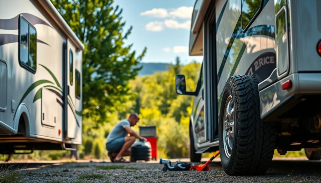 A well-lit, highly detailed image of an RV parked in a scenic outdoor setting, with a person performing routine maintenance checks. In the foreground, the person is inspecting the tires, checking the pressure and treads. In the middle ground, the person is checking fluid levels under the hood. In the background, lush green trees and a clear blue sky create a serene, tranquil atmosphere. The lighting is bright and natural, accentuating the textures and colors of the RV and the maintenance tools. The camera angle is slightly elevated, providing a comprehensive view of the scene. The overall mood is one of preparedness and confidence, capturing the essence of getting an RV ready for a smooth, worry-free road trip. A well-lit, highly detailed image of an RV parked in a scenic outdoor setting, with a person performing routine maintenance checks. In the foreground, the person is inspecting the tires, checking the pressure and treads. In the middle ground, the person is checking fluid levels under the hood. In the background, lush green trees and a clear blue sky create a serene, tranquil atmosphere. The lighting is bright and natural, accentuating the textures and colors of the RV and the maintenance tools. The camera angle is slightly elevated, providing a comprehensive view of the scene. The overall mood is one of preparedness and confidence, capturing the essence of getting an RV ready for a smooth, worry-free road trip.