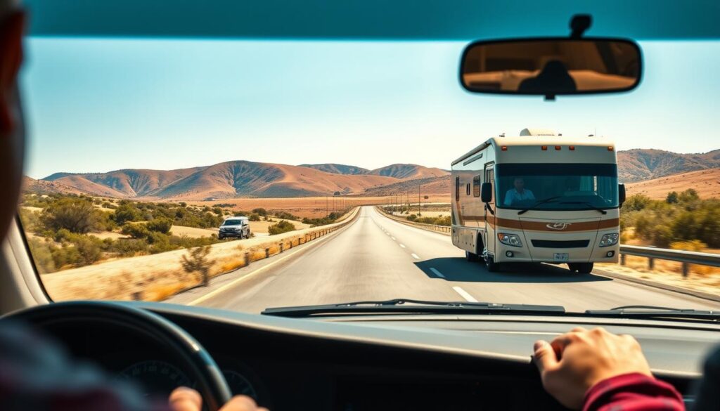 A well-lit highway scene with an RV traveling at a safe, moderate speed. In the foreground, the RV's dashboard displays essential driving information - speed, fuel level, and turn signals. The middle ground features the RV's sturdy exterior, with the driver maintaining a vigilant, focused expression. In the background, a picturesque landscape unfolds, with rolling hills, lush vegetation, and a clear, blue sky. The lighting is warm and natural, creating a sense of tranquility and security. The overall atmosphere conveys the importance of attentive, responsible RV driving practices. A well-lit highway scene with an RV traveling at a safe, moderate speed. In the foreground, the RV's dashboard displays essential driving information - speed, fuel level, and turn signals. The middle ground features the RV's sturdy exterior, with the driver maintaining a vigilant, focused expression. In the background, a picturesque landscape unfolds, with rolling hills, lush vegetation, and a clear, blue sky. The lighting is warm and natural, creating a sense of tranquility and security. The overall atmosphere conveys the importance of attentive, responsible RV driving practices.