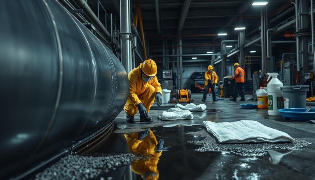 A well-lit industrial scene, the camera capturing a close-up view of a worker in protective gear, crouched down, carefully handling a leaking black tank. The foreground is dominated by the tank, its dark surface contrasting with the worker's bright yellow hazmat suit. The middle ground showcases the tools and equipment needed for the cleanup, including absorbent pads, containment booms, and specialized cleaning solutions. In the background, a sense of urgency is conveyed through a busy, active work environment, with other crew members tending to the situation. The lighting is crisp and directional, casting dramatic shadows and highlighting the seriousness of the task at hand. The overall mood is one of professionalism and controlled chaos, reflecting the importance of proper emergency response procedures for black tank leaks.