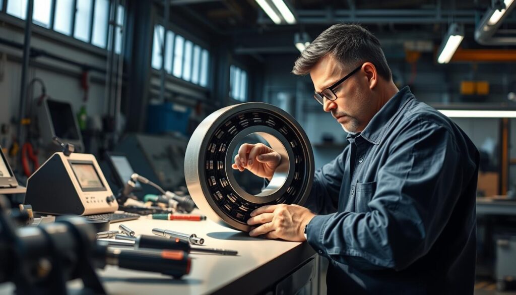 A well-lit industrial workshop, with a mechanic carefully inspecting the inner workings of a disassembled bearing. The bearing is positioned on a clean workbench, surrounded by precision tools and diagnostic equipment. Soft shadows cast by the overhead lighting create depth and texture, highlighting the intricate components of the bearing. The mechanic's focused gaze and nimble hands convey the importance and technicality of the bearing inspection process. The atmosphere is one of meticulous attention to detail, reflecting the critical role bearings play in the smooth and reliable operation of machinery. A well-lit industrial workshop, with a mechanic carefully inspecting the inner workings of a disassembled bearing. The bearing is positioned on a clean workbench, surrounded by precision tools and diagnostic equipment. Soft shadows cast by the overhead lighting create depth and texture, highlighting the intricate components of the bearing. The mechanic's focused gaze and nimble hands convey the importance and technicality of the bearing inspection process. The atmosphere is one of meticulous attention to detail, reflecting the critical role bearings play in the smooth and reliable operation of machinery.