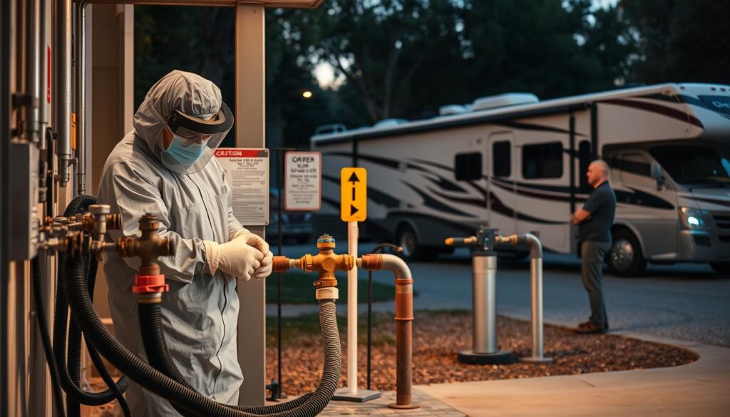 A well-lit outdoor scene of a sanitary dump station. In the foreground, a person in protective gear inspecting the hoses and valves, troubleshooting any issues. The middle ground features the dump station's layout, with clearly marked signs and instructions. In the background, a recreational vehicle is parked nearby, its owner observing the troubleshooting process. The scene conveys a sense of order and professionalism, with the technician methodically checking the system while the RV owner waits patiently. Warm, natural lighting illuminates the area, creating a welcoming atmosphere for responsible RV owners to maintain their vehicles' sanitary systems. A well-lit outdoor scene of a sanitary dump station. In the foreground, a person in protective gear inspecting the hoses and valves, troubleshooting any issues. The middle ground features the dump station's layout, with clearly marked signs and instructions. In the background, a recreational vehicle is parked nearby, its owner observing the troubleshooting process. The scene conveys a sense of order and professionalism, with the technician methodically checking the system while the RV owner waits patiently. Warm, natural lighting illuminates the area, creating a welcoming atmosphere for responsible RV owners to maintain their vehicles' sanitary systems.