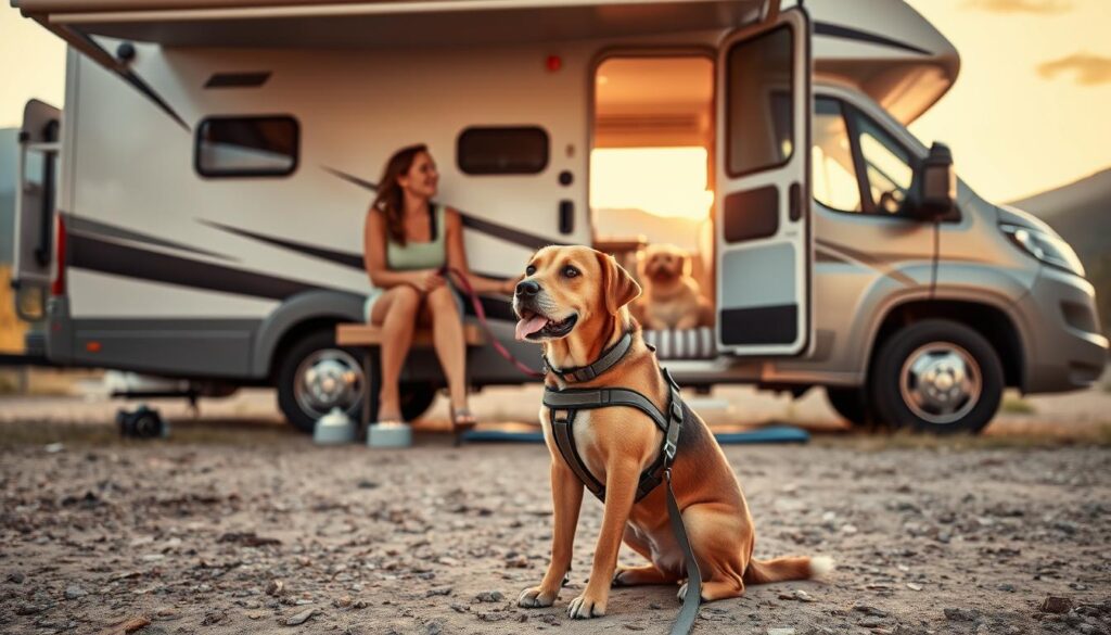 A well-lit, outdoor scene of an RV parked in a scenic location, with a couple and their dog happily enjoying the surroundings. In the foreground, the dog sits obediently, wearing a harness and leash, showcasing safe travel tips. The middle ground features the RV, its side open to reveal pet-friendly amenities like a cozy bed and water bowls. The background depicts a picturesque landscape, such as a mountain range or a lush forest, conveying the adventurous spirit of RV travel with pets. The overall atmosphere is one of tranquility, adventure, and responsible pet ownership. A well-lit, outdoor scene of an RV parked in a scenic location, with a couple and their dog happily enjoying the surroundings. In the foreground, the dog sits obediently, wearing a harness and leash, showcasing safe travel tips. The middle ground features the RV, its side open to reveal pet-friendly amenities like a cozy bed and water bowls. The background depicts a picturesque landscape, such as a mountain range or a lush forest, conveying the adventurous spirit of RV travel with pets. The overall atmosphere is one of tranquility, adventure, and responsible pet ownership.