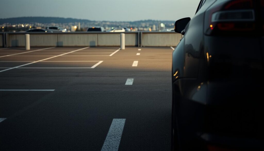 A well-lit parking lot with a car's rear bumper in the foreground, surrounded by empty spaces. The car is partially obscured, hinting at the driver's strategic maneuvering to precisely align the vehicle. In the middle ground, a series of parallel parking spots are clearly visible, with subtle markings on the asphalt guiding the driver's positioning. The background features a subtle, blurred cityscape, creating a sense of context and purpose for the parking exercise. The lighting is soft and directional, casting subtle shadows that accentuate the car's form and the parking space details. The overall atmosphere is one of focus, precision, and the satisfaction of a well-executed parking maneuver. A well-lit parking lot with a car's rear bumper in the foreground, surrounded by empty spaces. The car is partially obscured, hinting at the driver's strategic maneuvering to precisely align the vehicle. In the middle ground, a series of parallel parking spots are clearly visible, with subtle markings on the asphalt guiding the driver's positioning. The background features a subtle, blurred cityscape, creating a sense of context and purpose for the parking exercise. The lighting is soft and directional, casting subtle shadows that accentuate the car's form and the parking space details. The overall atmosphere is one of focus, precision, and the satisfaction of a well-executed parking maneuver.
