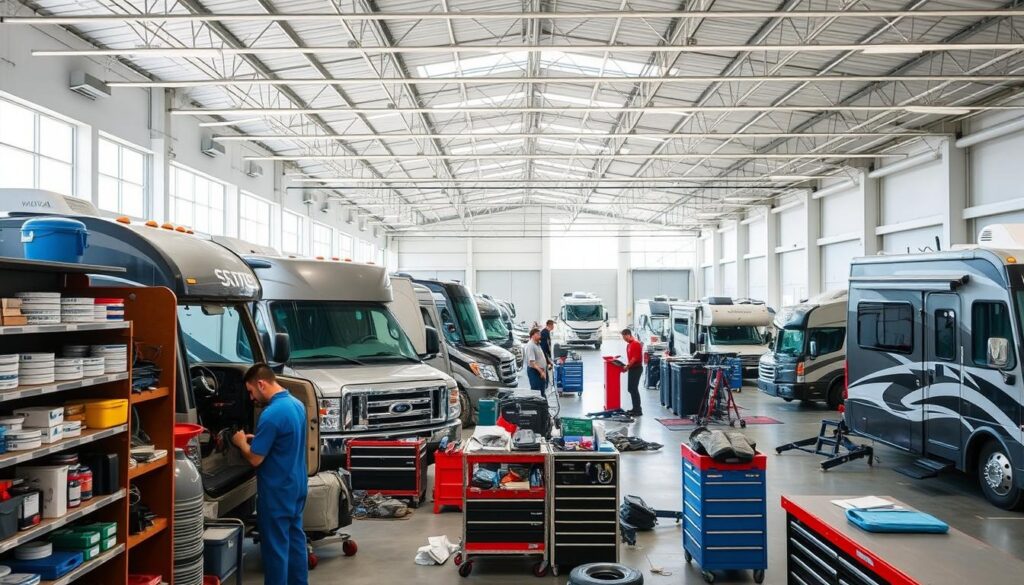 A well-lit, spacious RV maintenance dealership service center, with a wide array of tools and equipment arranged neatly. In the foreground, a technician in a blue jumpsuit diligently inspects the inner workings of a large recreational vehicle, surrounded by shelves of replacement parts and supplies. The middle ground showcases a variety of RVs in various stages of repair, with mechanics carefully tending to each one. The background features an airy, high-ceilinged workshop, with large windows letting in natural light and offering a panoramic view of the bustling service area. The overall atmosphere conveys a sense of professionalism, efficiency, and a dedication to providing top-notch RV maintenance and repair services.