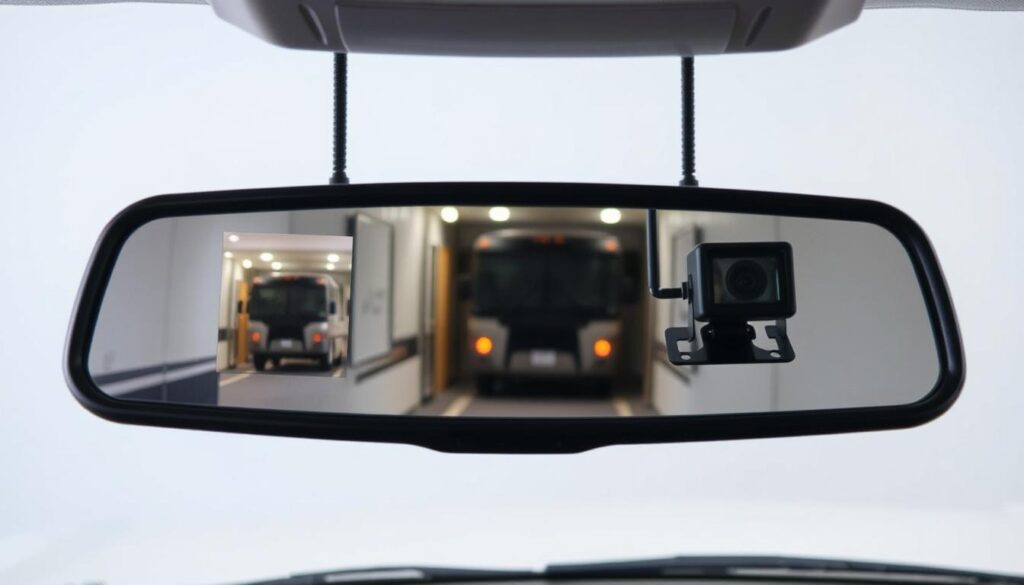 A well-lit studio scene showcasing a head-on comparison of an RV's standard rearview mirror and a wireless backup camera system. The mirror occupies the foreground, its glass reflecting the camera display in the middle ground. The camera system, mounted at the rear of the vehicle, is visible in the background, providing a clear view of the surroundings. The lighting is soft and even, emphasizing the details of the hardware. The overall mood is informative and objective, highlighting the practical benefits of the backup camera for RV owners. A well-lit studio scene showcasing a head-on comparison of an RV's standard rearview mirror and a wireless backup camera system. The mirror occupies the foreground, its glass reflecting the camera display in the middle ground. The camera system, mounted at the rear of the vehicle, is visible in the background, providing a clear view of the surroundings. The lighting is soft and even, emphasizing the details of the hardware. The overall mood is informative and objective, highlighting the practical benefits of the backup camera for RV owners.