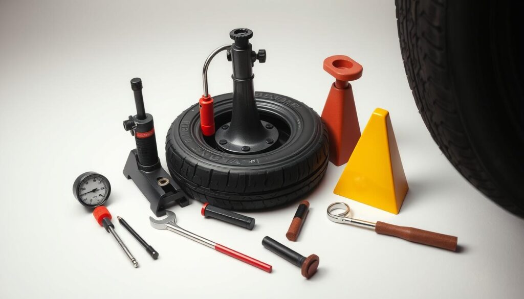 A well-lit studio shot of an array of essential tire maintenance tools for RV safety, including a tire pressure gauge, tire inflator, lug wrench, jack, wheel chocks, and a spare tire. The tools are neatly arranged on a clean, neutral-colored surface, showcasing their functionality and importance for responsible RV ownership. Subtle shadows and a slight depth of field create a sense of dimension and professionalism. The overall mood is one of practicality and preparedness, reflecting the importance of proper RV tire maintenance. A well-lit studio shot of an array of essential tire maintenance tools for RV safety, including a tire pressure gauge, tire inflator, lug wrench, jack, wheel chocks, and a spare tire. The tools are neatly arranged on a clean, neutral-colored surface, showcasing their functionality and importance for responsible RV ownership. Subtle shadows and a slight depth of field create a sense of dimension and professionalism. The overall mood is one of practicality and preparedness, reflecting the importance of proper RV tire maintenance.