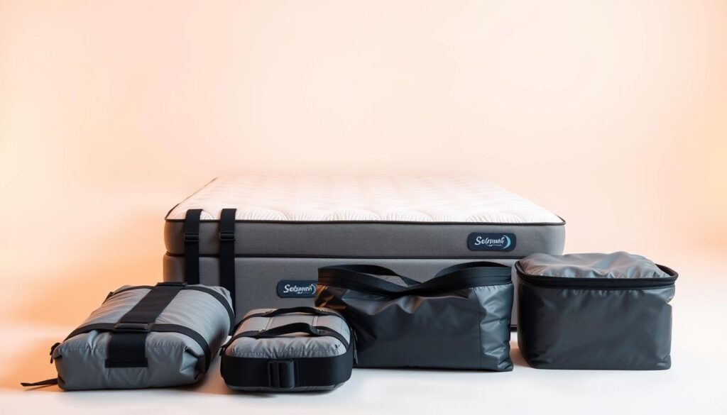 A well-lit studio with a minimalist backdrop showcases a neatly folded mattress and an array of practical storage solutions. In the foreground, a series of compression straps, vacuum-sealed bags, and durable storage containers demonstrate innovative ways to pack a mattress for efficient travel. The middle ground features the mattress itself, its soft, plush texture contrasting with the rigid, utilitarian storage items. The background maintains a clean, uncluttered aesthetic, allowing the main subject to take center stage. Warm, diffused lighting accentuates the textures and highlights the practical nature of the scene, creating an atmosphere of thoughtful organization and travel-ready preparedness. A well-lit studio with a minimalist backdrop showcases a neatly folded mattress and an array of practical storage solutions. In the foreground, a series of compression straps, vacuum-sealed bags, and durable storage containers demonstrate innovative ways to pack a mattress for efficient travel. The middle ground features the mattress itself, its soft, plush texture contrasting with the rigid, utilitarian storage items. The background maintains a clean, uncluttered aesthetic, allowing the main subject to take center stage. Warm, diffused lighting accentuates the textures and highlights the practical nature of the scene, creating an atmosphere of thoughtful organization and travel-ready preparedness.