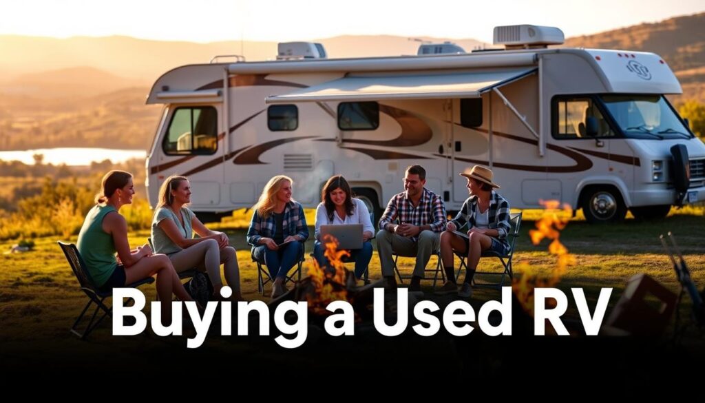A well-lit, sunny outdoor scene showcasing the key advantages of buying a used RV. In the foreground, a group of people enjoying a campfire and barbecue, with a well-maintained used RV in the background. The RV has a clean, well-preserved exterior with a modest but functional design. The middle ground features a scenic landscape with rolling hills, a lake, and lush vegetation, conveying a sense of adventure and relaxation. The lighting is soft and natural, casting warm, golden hues across the scene. The overall mood is one of contentment, practicality, and the joy of outdoor living, highlighting the cost savings and value proposition of a pre-owned recreational vehicle.
