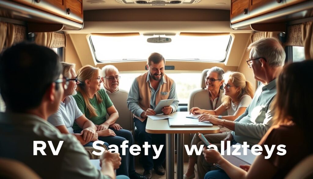 A well-lit, warm-toned RV interior with passengers gathered around a table, attentively listening to an instructor delivering a safety presentation. The instructor stands at the head of the table, using a tablet or laptop to display educational materials. Passengers of diverse ages and backgrounds appear engaged, taking notes. Soft natural lighting filters through the RV's windows, creating a cozy, inviting atmosphere. The overall scene conveys a sense of informative, interactive learning, prioritizing RV safety awareness. A well-lit, warm-toned RV interior with passengers gathered around a table, attentively listening to an instructor delivering a safety presentation. The instructor stands at the head of the table, using a tablet or laptop to display educational materials. Passengers of diverse ages and backgrounds appear engaged, taking notes. Soft natural lighting filters through the RV's windows, creating a cozy, inviting atmosphere. The overall scene conveys a sense of informative, interactive learning, prioritizing RV safety awareness.