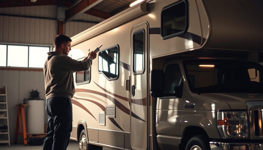 A well-lit workshop scene with an RV parked in the foreground. A person in work clothes carefully applying sealant around the RV's windows and doors. Crisp, high-quality details of the sealant being applied, the tools being used, and the RV's exterior. The scene conveys a sense of diligence and attention to detail in the RV maintenance process. Muted color palette with warm lighting to create a calm, focused atmosphere. Wide angle lens captures the full RV in the frame, emphasizing the scale of the task at hand. A well-lit workshop scene with an RV parked in the foreground. A person in work clothes carefully applying sealant around the RV's windows and doors. Crisp, high-quality details of the sealant being applied, the tools being used, and the RV's exterior. The scene conveys a sense of diligence and attention to detail in the RV maintenance process. Muted color palette with warm lighting to create a calm, focused atmosphere. Wide angle lens captures the full RV in the frame, emphasizing the scale of the task at hand.
