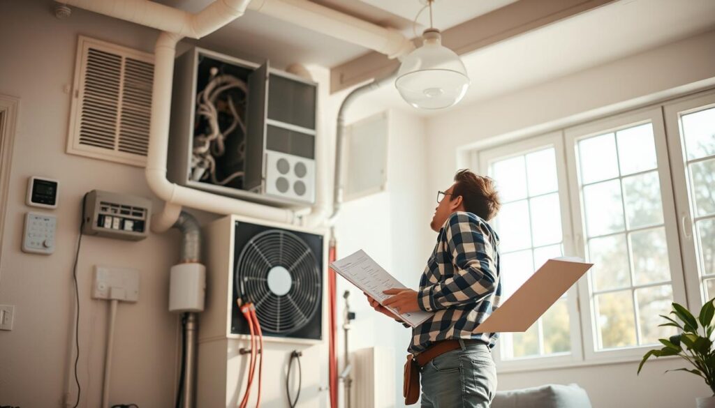 A well-maintained HVAC system, crisp and clean, stands prominently in a bright, airy home interior. The system's components - vents, filters, thermostats - are clearly visible, highlighting the importance of regular inspection and upkeep. Soft, natural lighting streams in through large windows, casting a warm, inviting glow. In the foreground, a homeowner examines the system, equipped with tools and a checklist, symbolizing the diligence required for year-round comfort. The scene conveys a sense of pride, responsibility, and the rewards of proactive HVAC maintenance for first-time homeowners. A well-maintained HVAC system, crisp and clean, stands prominently in a bright, airy home interior. The system's components - vents, filters, thermostats - are clearly visible, highlighting the importance of regular inspection and upkeep. Soft, natural lighting streams in through large windows, casting a warm, inviting glow. In the foreground, a homeowner examines the system, equipped with tools and a checklist, symbolizing the diligence required for year-round comfort. The scene conveys a sense of pride, responsibility, and the rewards of proactive HVAC maintenance for first-time homeowners.