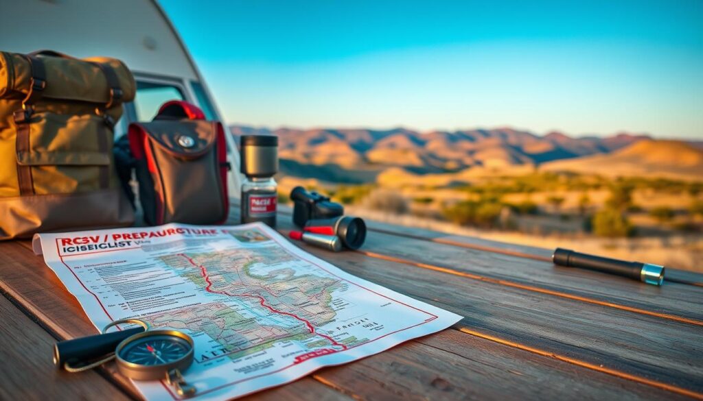 A well-organized RV adventure preparation checklist neatly laid out on a wooden surface, with a vintage travel map, a compass, and a pair of binoculars in the foreground. The middle ground features essential camping gear like a portable stove, a sleeping bag, and a flashlight, all arranged in a visually appealing manner. The background showcases a scenic landscape of rolling hills and a clear, blue sky, illuminated by warm, golden hour lighting, creating a sense of excitement and wanderlust. A well-organized RV adventure preparation checklist neatly laid out on a wooden surface, with a vintage travel map, a compass, and a pair of binoculars in the foreground. The middle ground features essential camping gear like a portable stove, a sleeping bag, and a flashlight, all arranged in a visually appealing manner. The background showcases a scenic landscape of rolling hills and a clear, blue sky, illuminated by warm, golden hour lighting, creating a sense of excitement and wanderlust.
